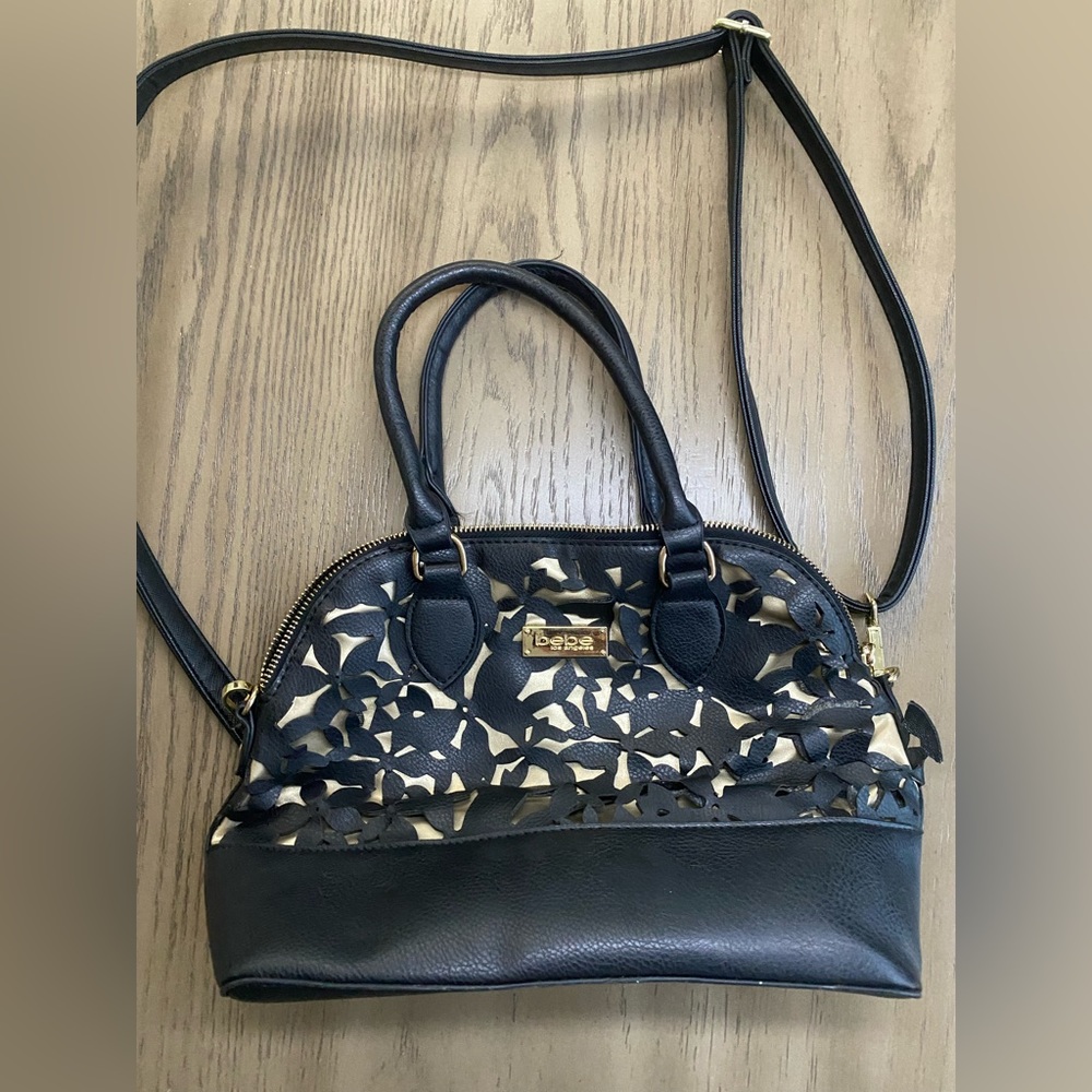 Bebe Black Purse Handbag Cutwork Die-cut Denise Small Dome